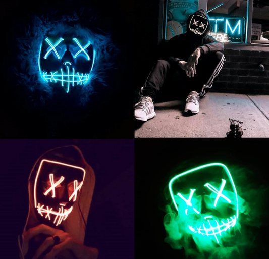 Four images of LED masks with glowing X eyes and stitched mouths. Masks in blue, green, orange, and blue smoke-outlined. One person wearing mask sitting by a window.