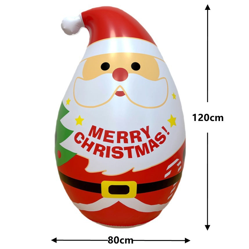 Inflatable Santa figure, 120cm tall and 80cm wide, with a joyful face, red hat, and "Merry Christmas!" written across the front, adorned with stars and a Christmas tree.
