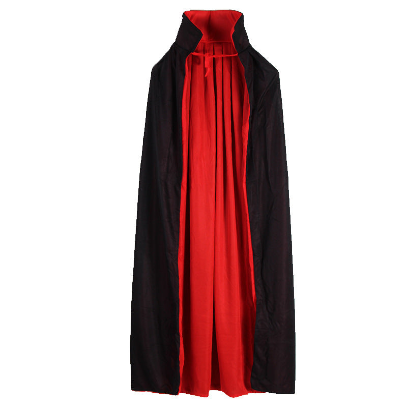 A long black cape with a high collar and bright red lining is displayed, suitable for costumes, resembling a classic vampire style.