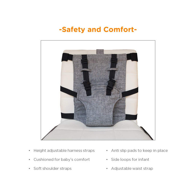 Gray cushioned baby seat with adjustable harness straps, waist strap, anti-slip pads, and side loops for infants. Text highlights safety and comfort features.