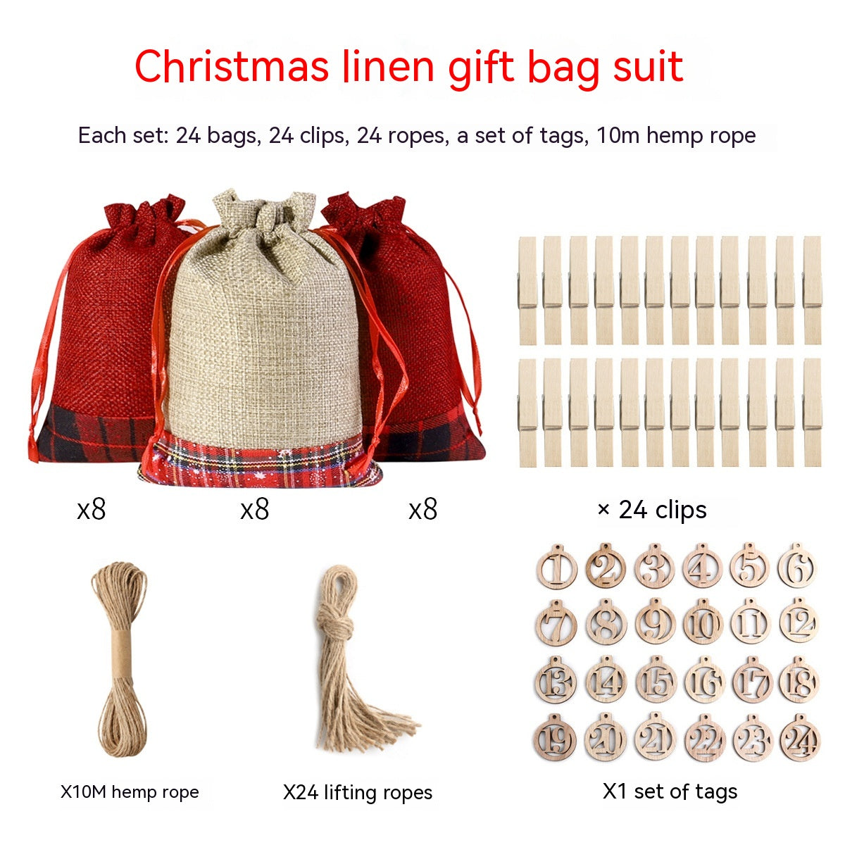 Three Christmas-themed linen gift bags, 24 wooden clips, 24 lifting ropes, 10m of hemp rope, and numbered wooden tags. Perfect for holiday gift presentation.
