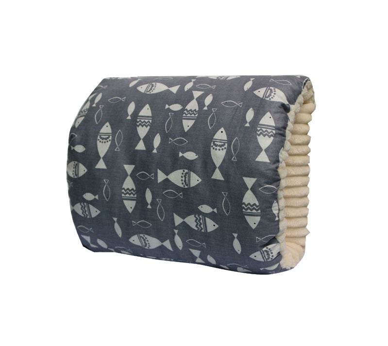 Gray cushion with a white fish pattern on the exterior and a textured, light beige backrest. The design features various sizes of stylized fish across the surface.