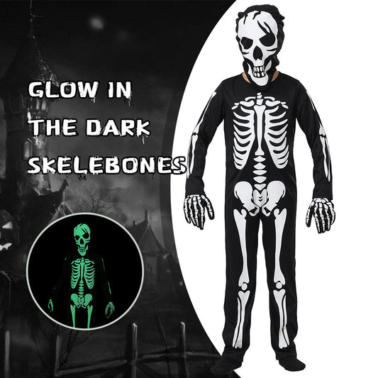 A person wears a glow-in-the-dark skeleton costume with a skull mask. The suit is black with white bones. Text reads, "Glow in the Dark Skelebones" against a spooky background.