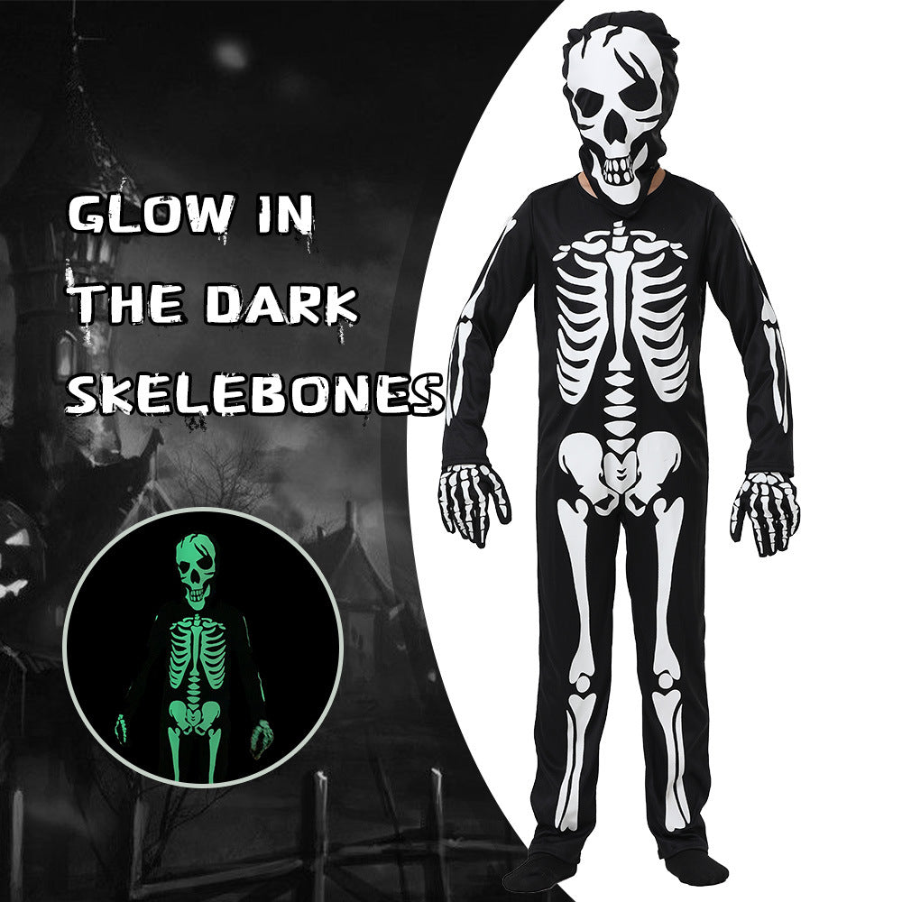 Glow-in-the-dark skeleton costume on a person, featuring white bones on a black suit. Text reads "Glow in the Dark Skelebones" with inset showing glowing effect in darkness.
