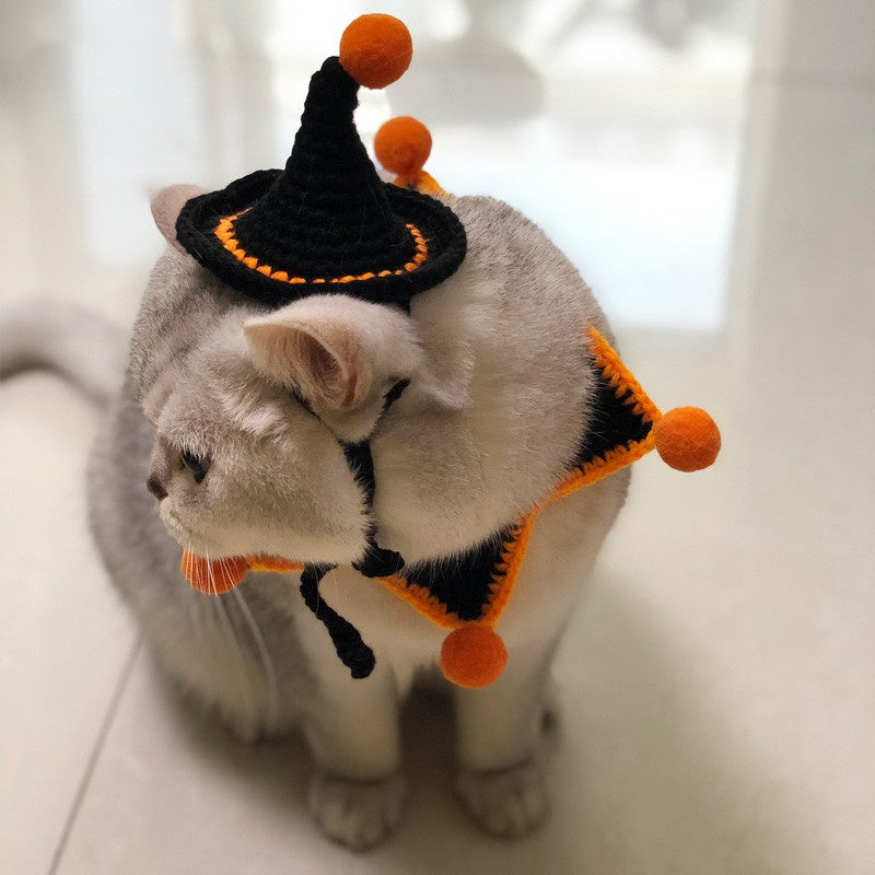Gray cat wearing a black and orange witch hat with matching cape, adorned with orange pompoms, sitting on a light floor, looking to the side.