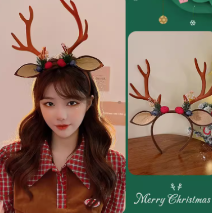 Woman wearing reindeer antlers with festive decorations, alongside a photo of the antlers alone. Both images are framed with Christmas-themed borders and a "Merry Christmas" message.