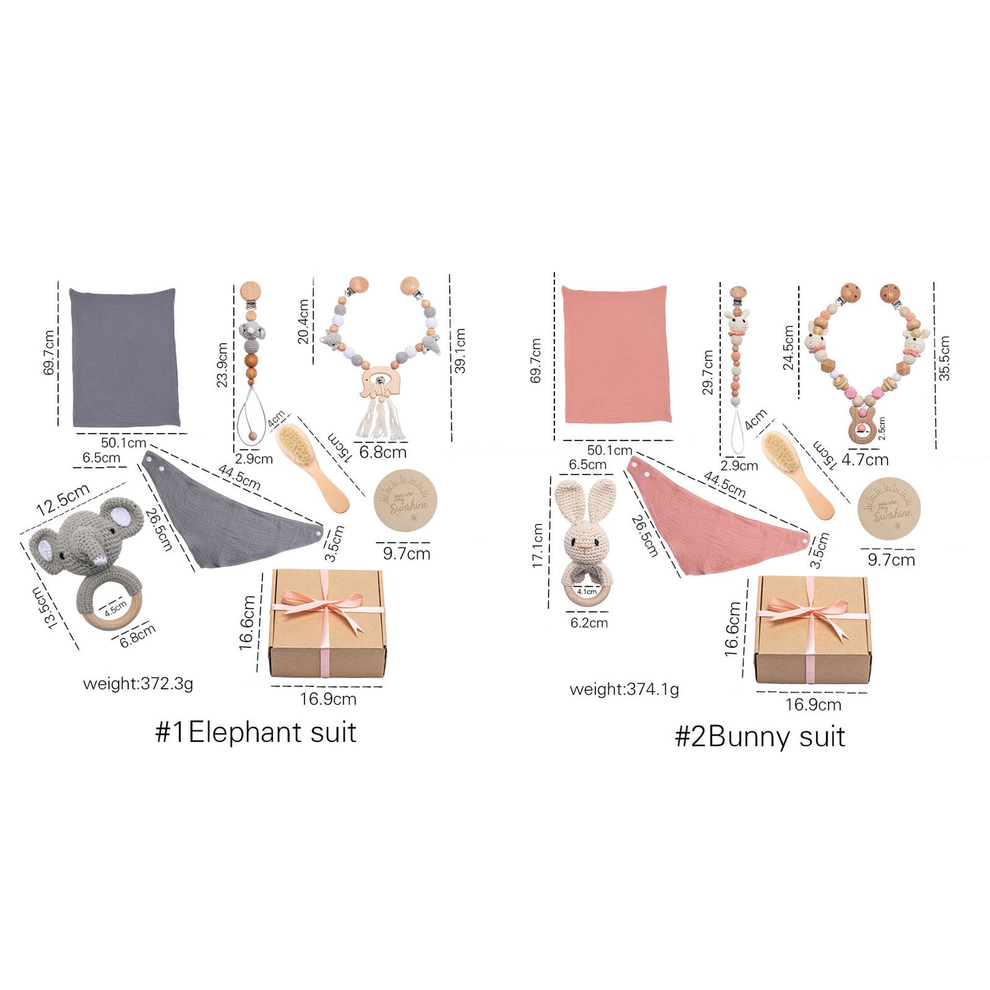 Baby gift sets featuring elephant and bunny themes. Each set includes a blanket, teether, pacifier clip, brush, bandana, plaque, and gift box. Items are detailed with measurements.