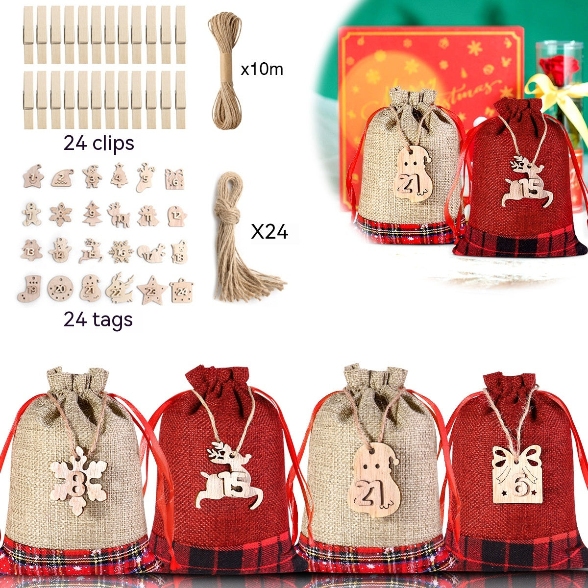 Set of burlap and plaid drawstring gift bags with decorative wooden tags, clips, and twine for Christmas. Includes 24 numbered tags, 24 clips, and 10m of twine.
