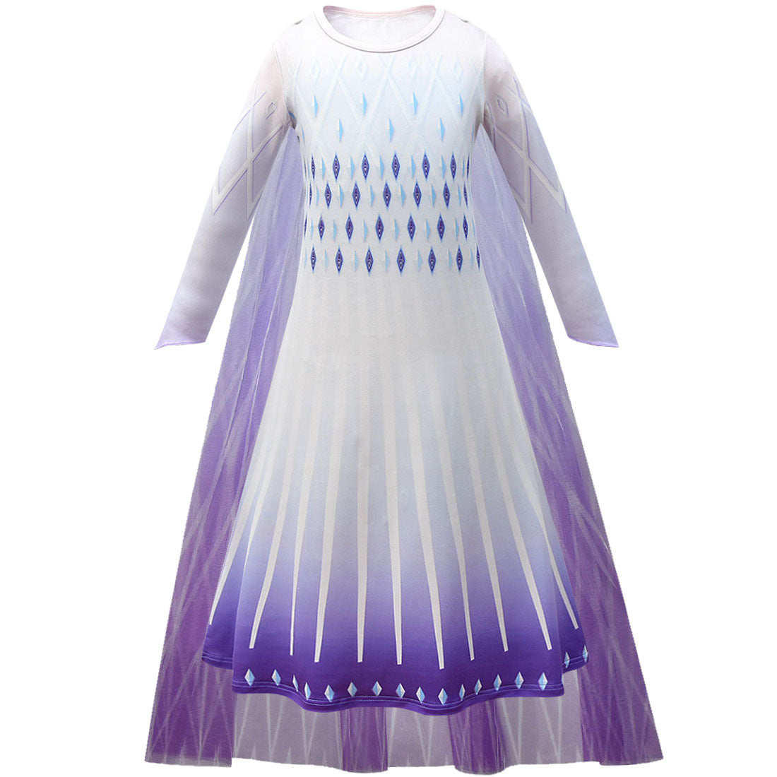 Long-sleeved dress with a white-to-purple gradient, featuring geometric patterns. The upper section has diamond-shaped designs, and the lower part flows outwards gracefully.