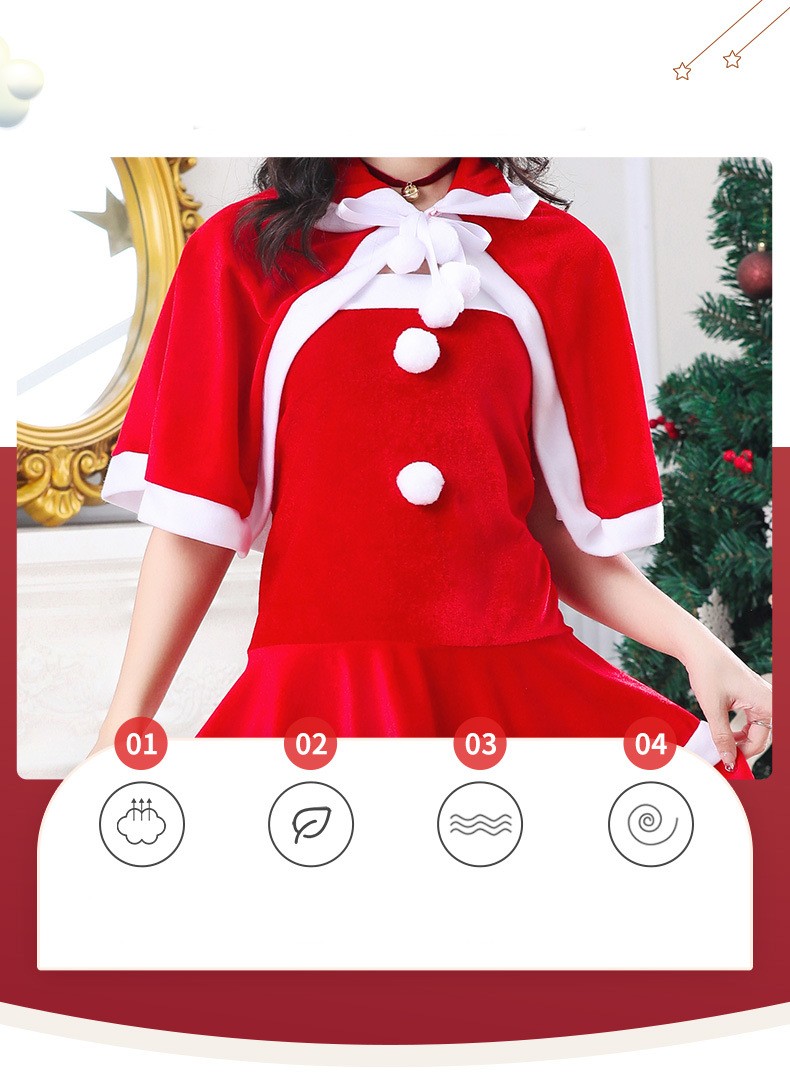 Woman wearing a festive red and white Santa-themed outfit with pom-poms, standing near a decorated Christmas tree. Four circular icons are displayed at the bottom.