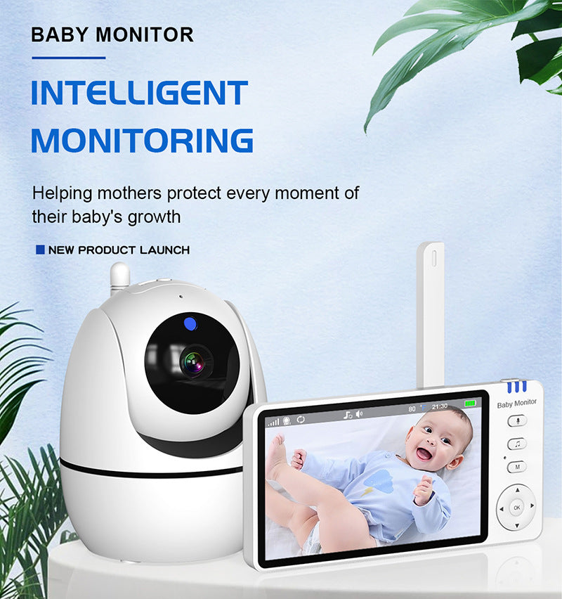 Digital baby monitor advertisement featuring a camera and a screen displaying a smiling baby in blue. Text highlights intelligent monitoring for baby's growth. Green leaves decorate background.