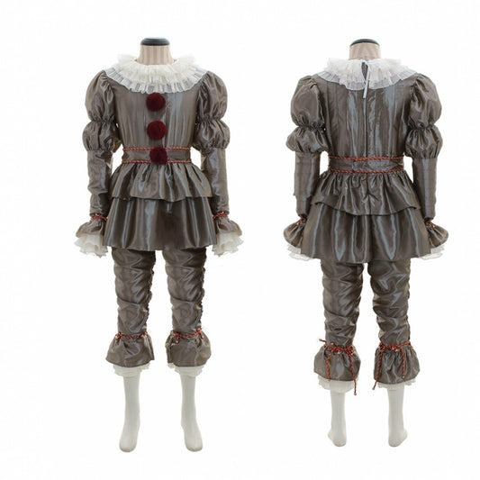 Creepy clown costume with gray ruffled fabric and white lace accents. Decorative red pompoms line the front. Pants feature gathered cuffs and red trim. Shown from front and back.