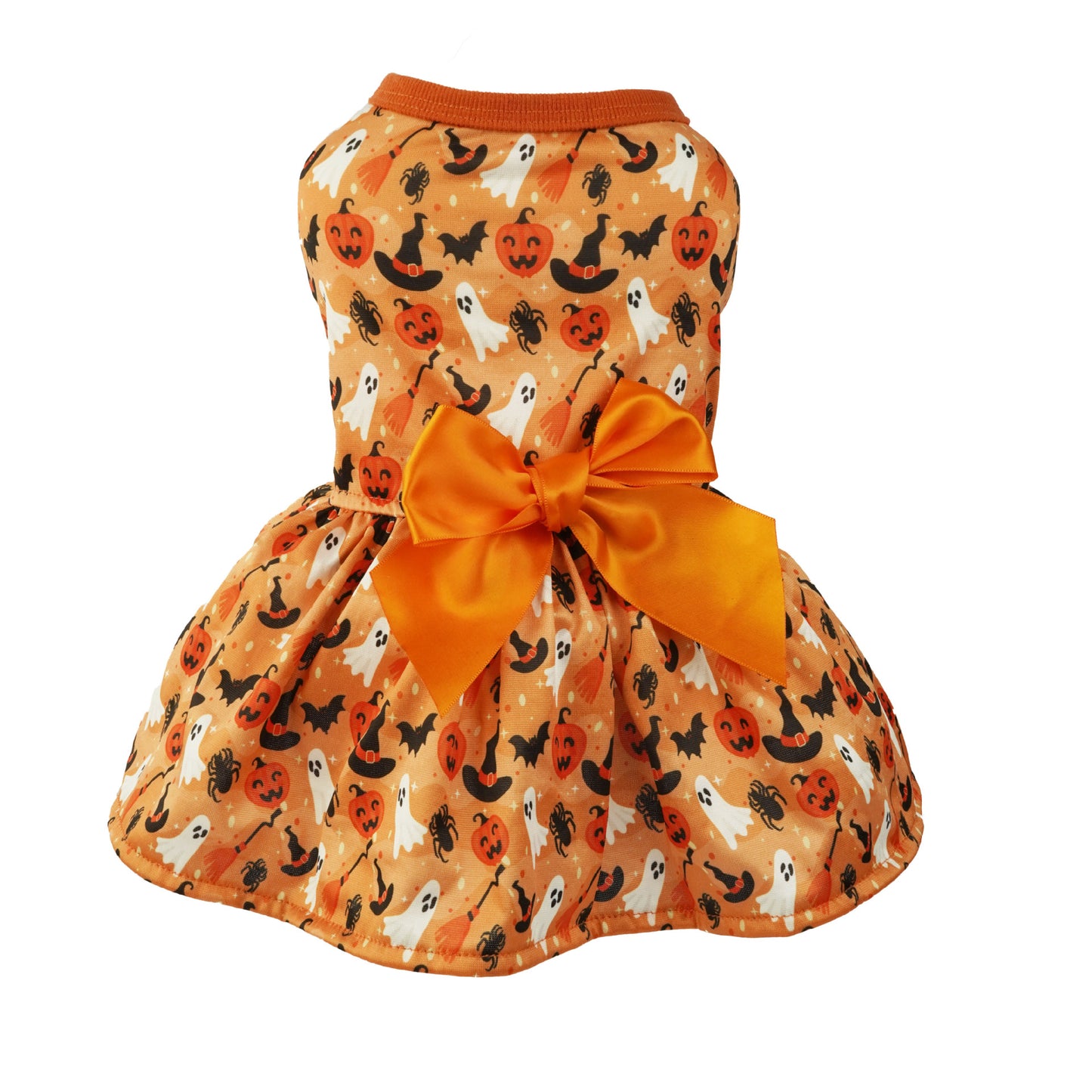 Orange Halloween-themed dress for dogs featuring ghosts, pumpkins, spiders, bats, and witch hats, adorned with a large orange bow.