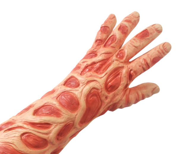 A realistic rubber Halloween glove designed to resemble a skeletal or decaying hand with exposed muscles and tendons, featuring red and beige coloring and intricate textures.