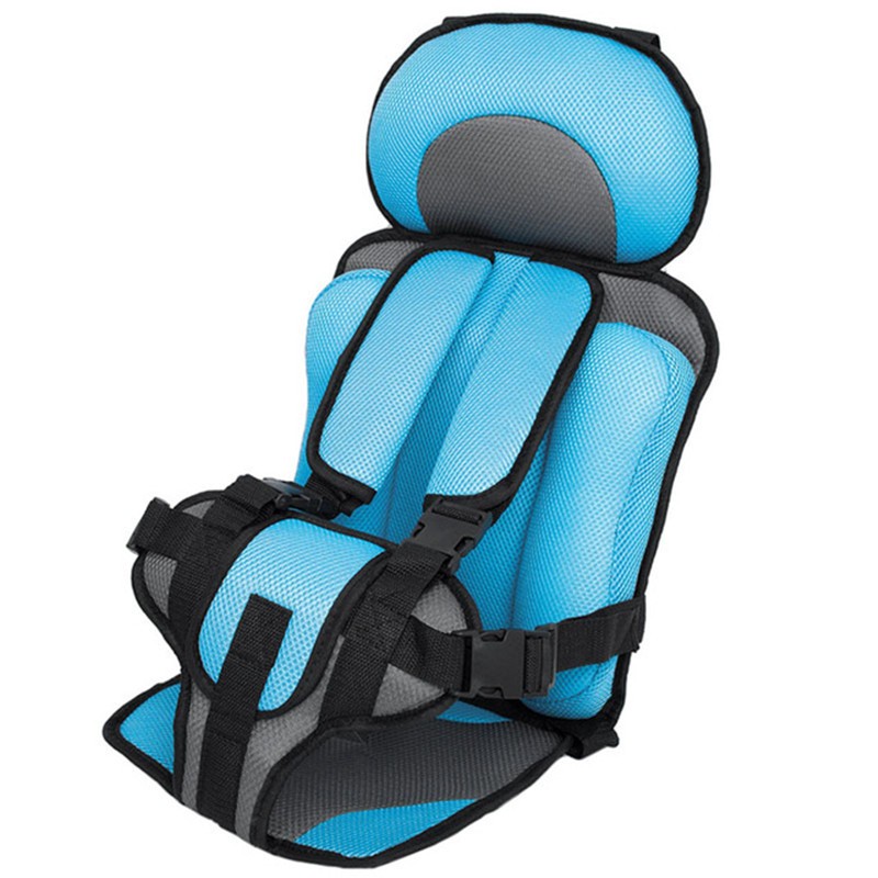 Blue and gray child safety seat with padded headrest and adjustable straps, designed for secure car travel. The seat features a mesh fabric for breathability and comfort.