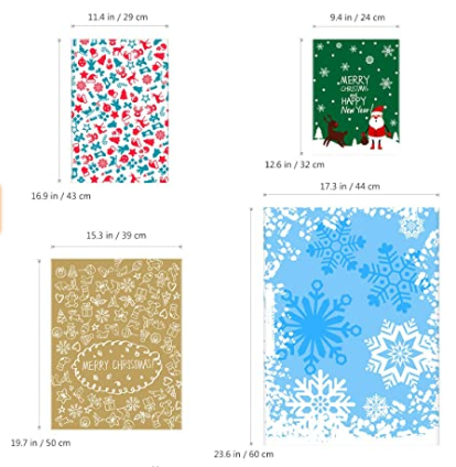 Four holiday-themed gift bags with different designs: red birds, green with Santa, golden with icons, and blue with snowflakes. Sizes vary from 9.4 to 23.6 inches wide.