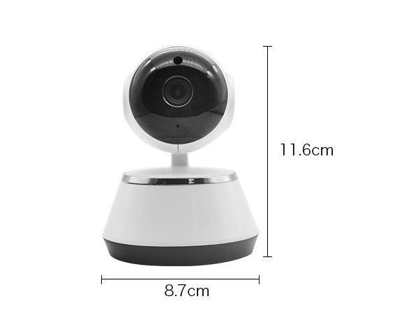 A compact security camera with a black lens and white base is shown. Dimensions are marked as 11.6 cm in height and 8.7 cm in width.