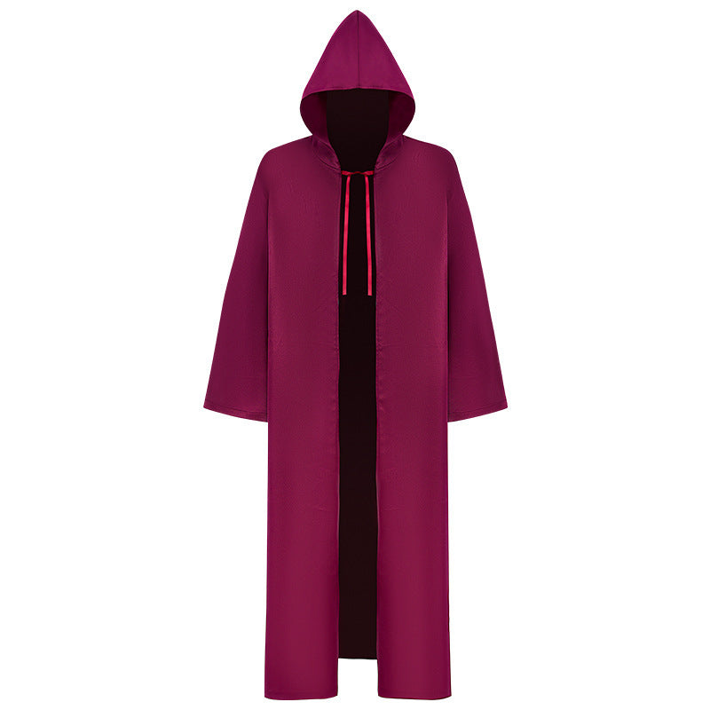 A long, hooded burgundy cloak with wide sleeves and red ribbon ties at the neck, shown against a plain white background.