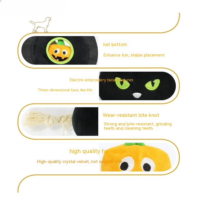 Dog toy features: hat bottom for stable placement, embroidered cat eyes, wear-resistant bite knot for teeth cleaning, and high-quality velvet fabric.