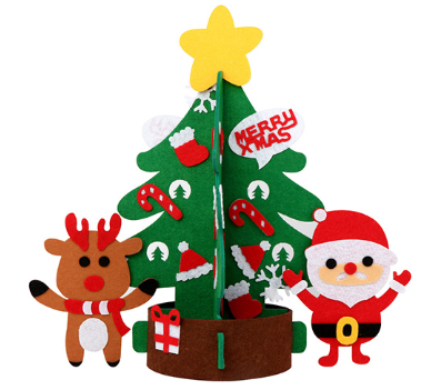 Festive felt Christmas tree with a yellow star on top, surrounded by a reindeer and Santa. Includes candy canes, stockings, and a "Merry Xmas" sign.