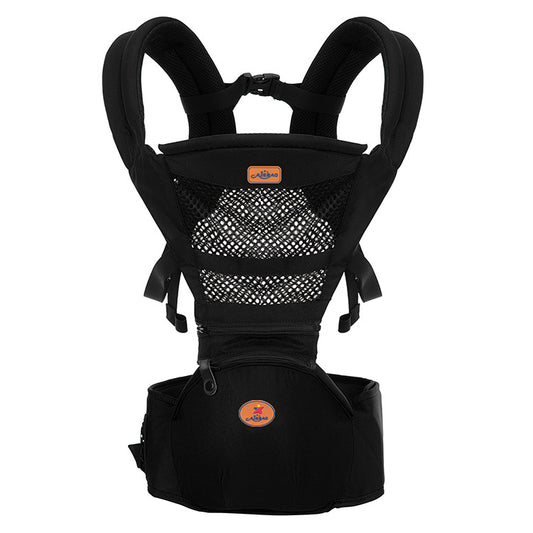 Black baby carrier with padded shoulder straps and mesh panel for ventilation. Features a small orange logo on the chest and a storage pouch on the front.