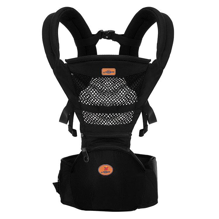 Black baby carrier with breathable mesh, padded shoulder straps, and a waist buckle. Features front storage pocket and safety buckles, designed for comfortable baby transport.