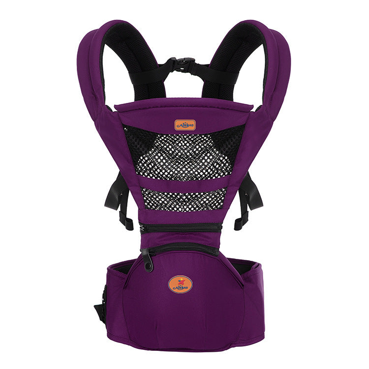 Purple baby carrier with padded shoulder straps and a mesh front panel for ventilation. Includes a storage pocket and adjustable buckles for comfort and security.