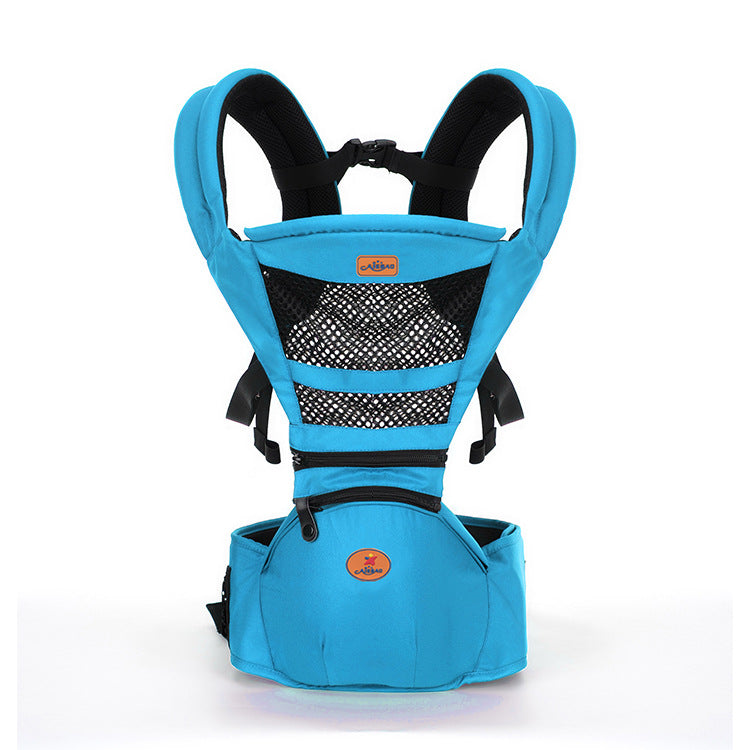 Bright blue baby carrier with black mesh paneling and padded shoulder straps. Features adjustable buckle closures and a front zippered pocket, designed for ergonomic support.