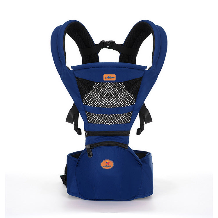Blue baby carrier with adjustable straps, black mesh back panel, and padded waist support. Features a front pocket with an orange logo on a white background.