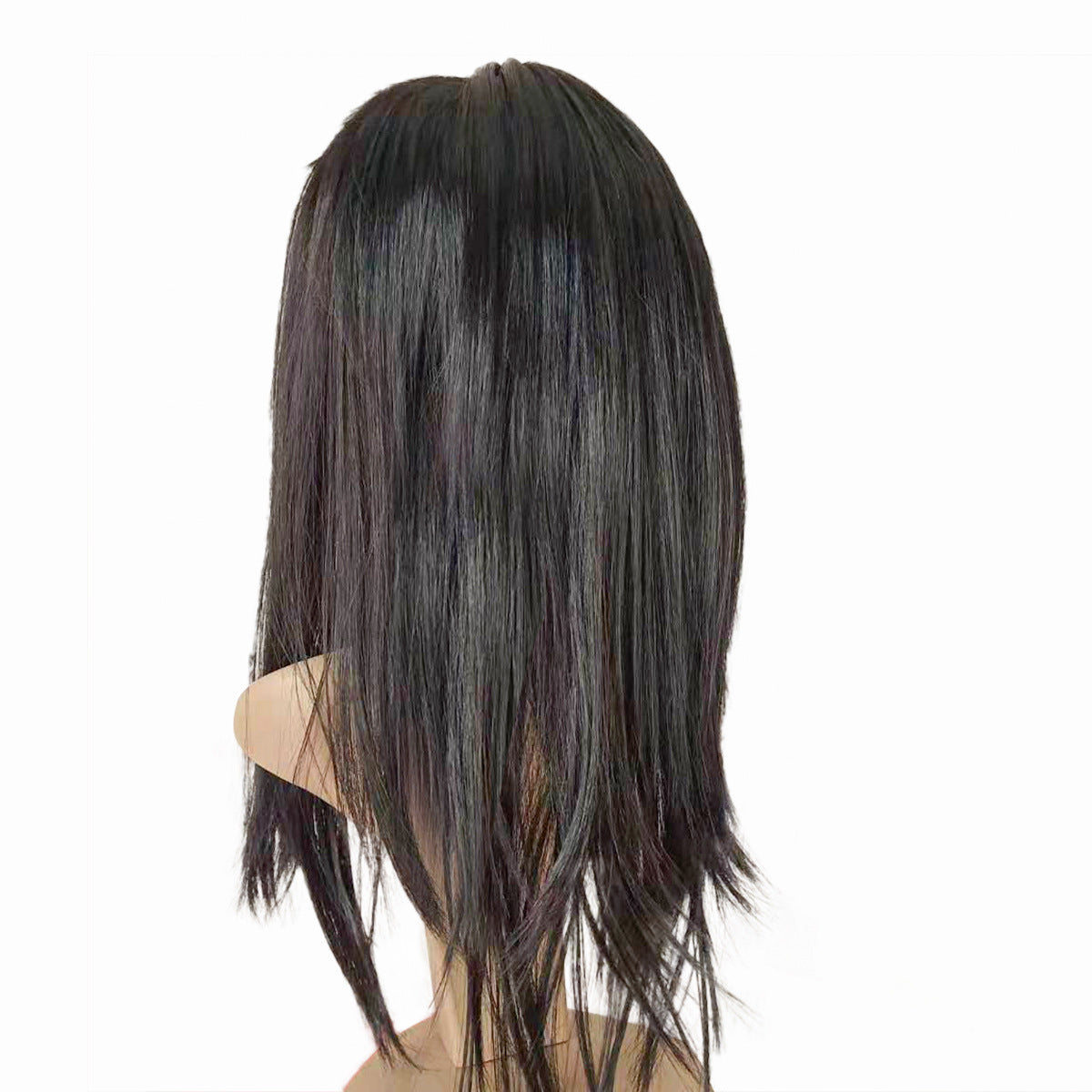 Black mid-length straight hair wig displayed on a mannequin against a plain white background, showcasing various layers and a natural shine.