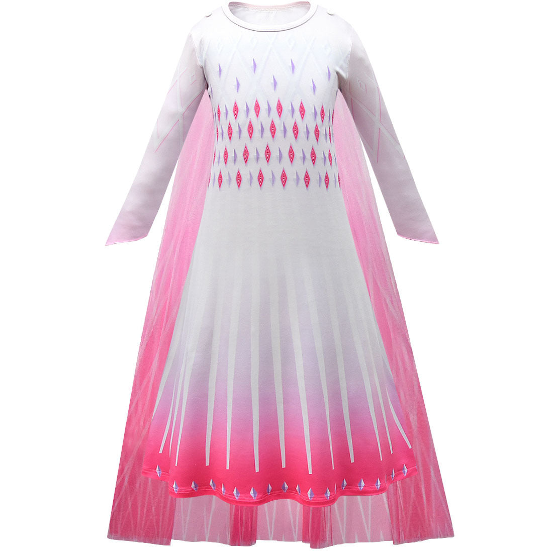 Pink and white long-sleeve dress with a diamond pattern on the bodice and gradient skirt. The design features a flowing cape, making it resemble a costume.