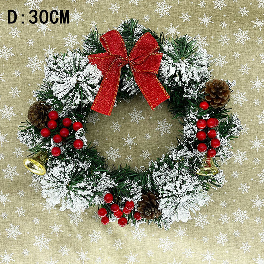Festive wreath with frosted greenery, red berries, pinecones, red bow, and golden bells, set against a snowflake-patterned background. Diameter: 30cm.
