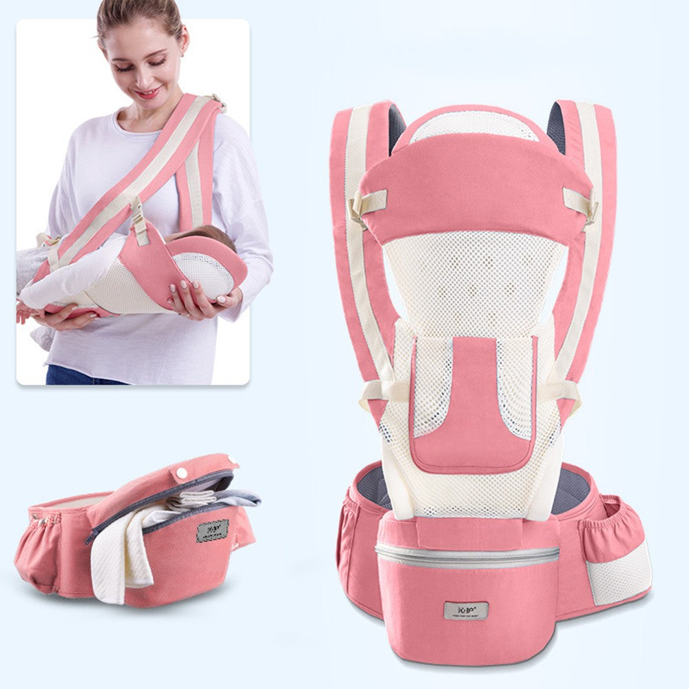 Pink and white baby carrier with padded straps and breathable mesh panels. Includes a detachable pouch. Inset shows a woman using the carrier with her baby.