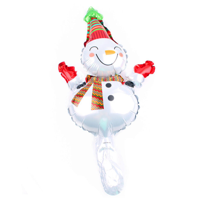 Festive balloon shaped like a cheerful snowman, wearing a red and green striped hat and wavy patterned scarf. Red mittens add a lively touch to the shiny design.