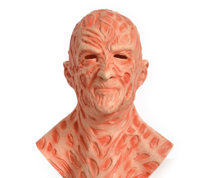Horror-inspired mask with a grotesque, scarred face resembling melted skin. The mask features hollow eyes and an unsettling smile, highlighting a texture of bumps and ridges.