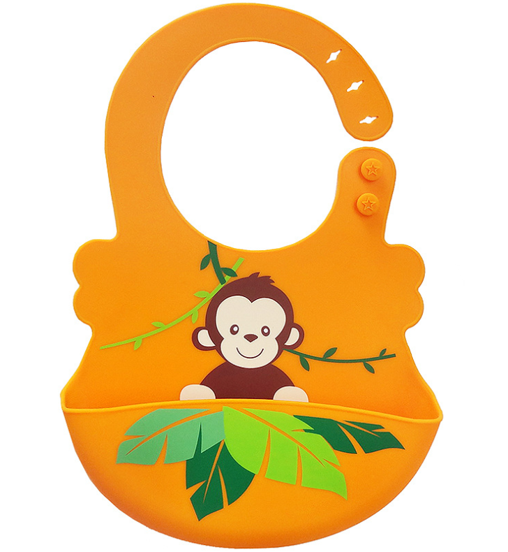 Orange silicone bib featuring a smiling monkey design, with adjustable star buttons and pockets decorated with green leaves. Perfect for toddlers and babies.
