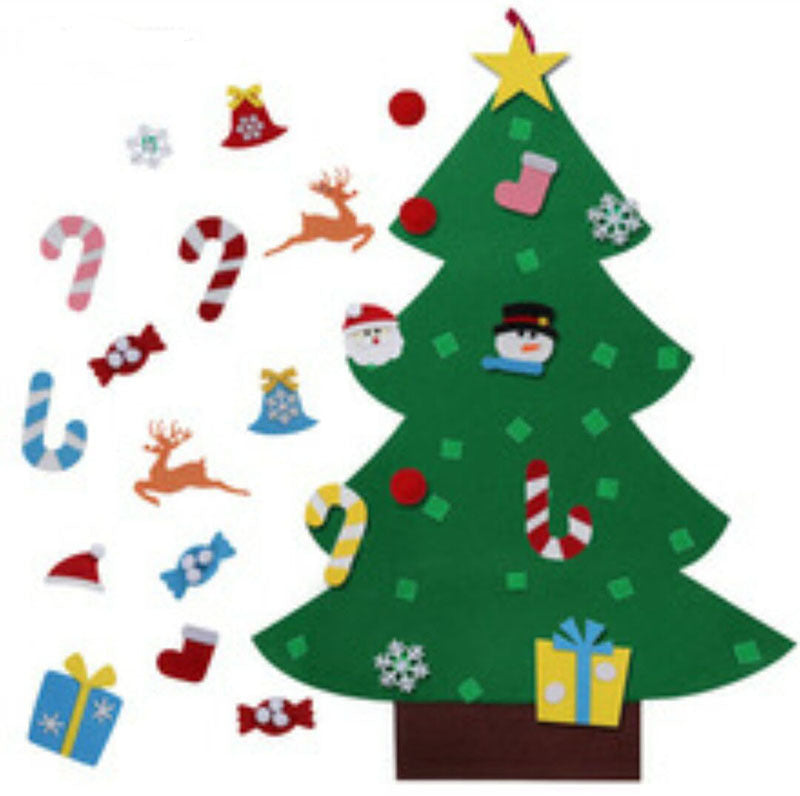 Felt Christmas tree with detachable decorations including candy canes, reindeer, snowflakes, gifts, Santa, bells, and snowman, on a white background.