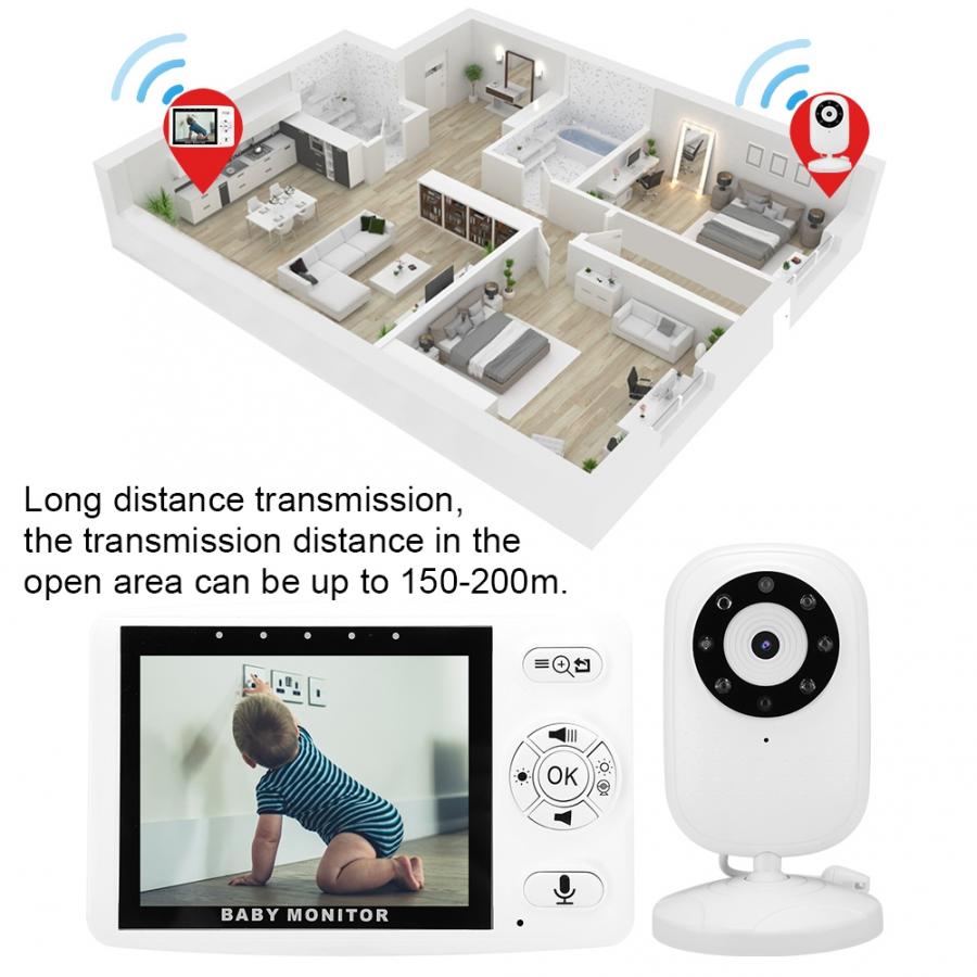 A diagram shows a baby monitor system with a camera, a monitor displaying a crawling baby, and a floor plan of a home. Text indicates a transmission range of 150-200 meters.