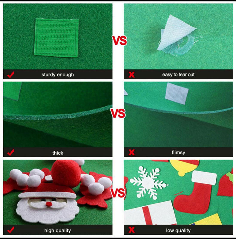 Comparison of felt materials: sturdy vs. easy to tear; thick vs. flimsy; high-quality Santa and pom-poms vs. low-quality cutouts including a snowflake and stocking.