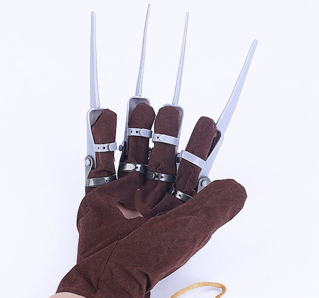 Brown glove with metal finger rings attached to long, sharp silver blades, resembling a clawed hand on a white background.