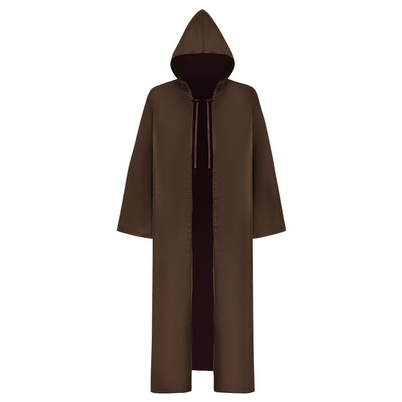 Brown hooded cloak with wide sleeves and a black interior, displayed front-facing, isolated on a white background.