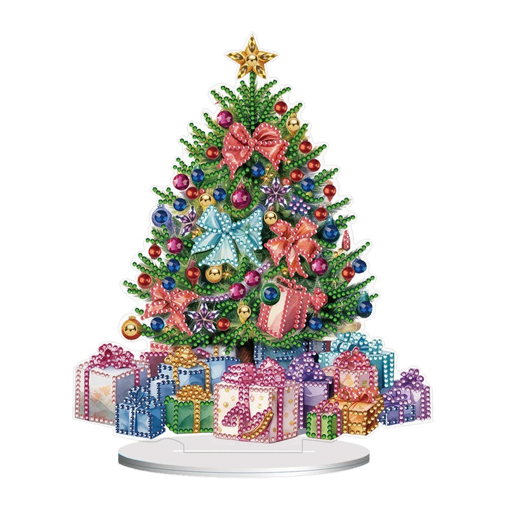 A festive Christmas tree adorned with colorful bows, baubles, and a star topper. Vibrant gift boxes in various sizes sit at the base, decorated with ribbons and patterns.