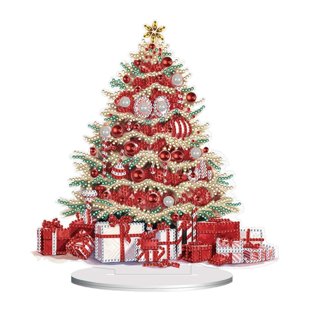 A festive Christmas tree adorned with red and silver ornaments and pearls stands on a white base, surrounded by an array of red and white wrapped gifts.