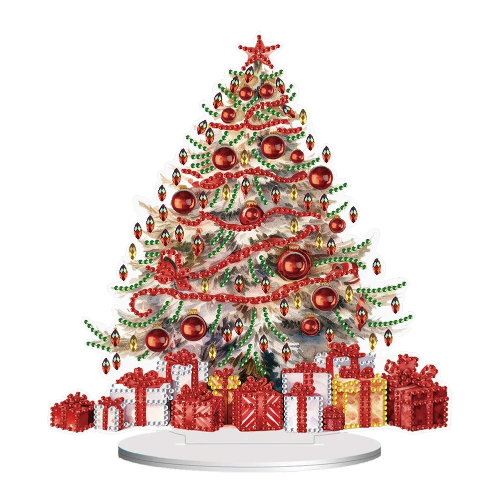 A decorated Christmas tree adorned with red and gold ornaments, beads, and a red star on top. Colorful presents wrapped in red and white sit beneath the tree on a white stand.