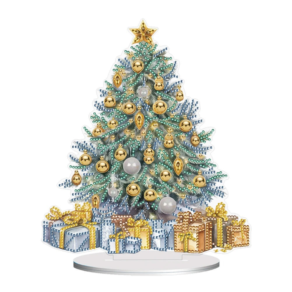 Festive Christmas tree adorned with gold and silver ornaments, topped with a star, surrounded by colorfully wrapped gifts with golden bows.