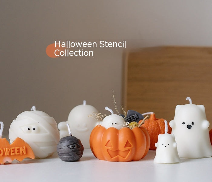 Decorative Halloween candles shaped like a pumpkin, ghost, mummy, and skull, placed on a table. The text "Halloween Stencil Collection" is displayed above them.