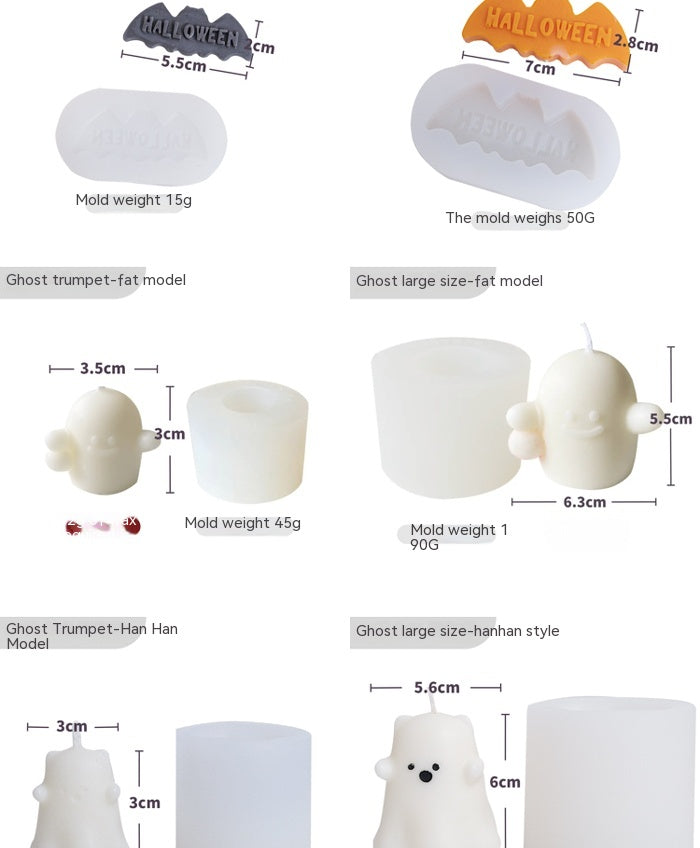 Halloween and ghost-themed candle molds shown in different sizes. Includes bat-shaped "Halloween" molds and ghost shapes labeled "Fat" and "Han Han" styles, with measurements.