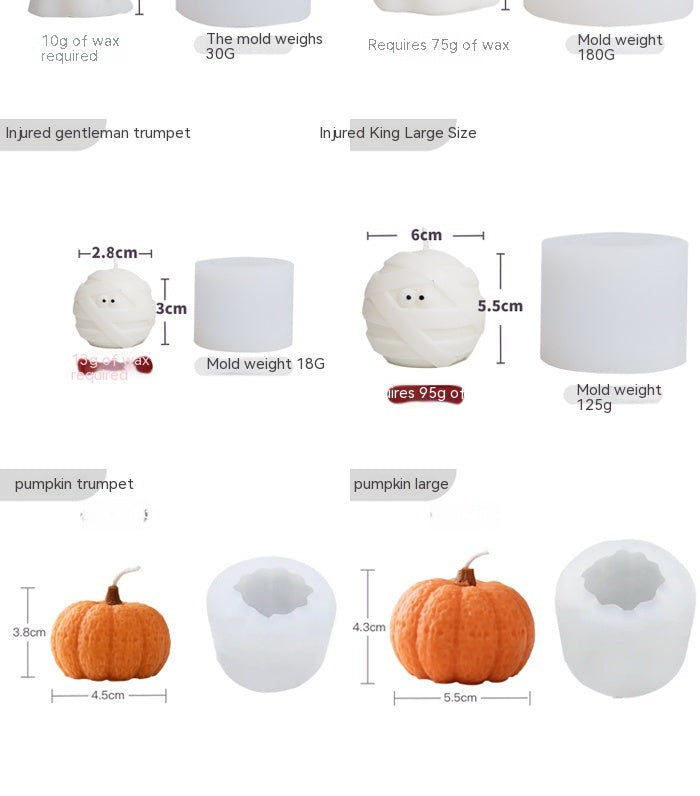 Silicone molds for Halloween candles: "Injured gentleman trumpet" and "Injured king large size" shaped like mummies, and "Pumpkin trumpet" and "Pumpkin large" molds with corresponding sizes.