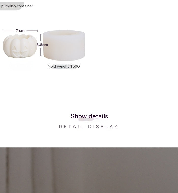 White silicone mold for a pumpkin-shaped container, measuring 7 cm in diameter and 3.8 cm in height. Mold weight is 150 grams. Text below says "Show details, Detail Display."