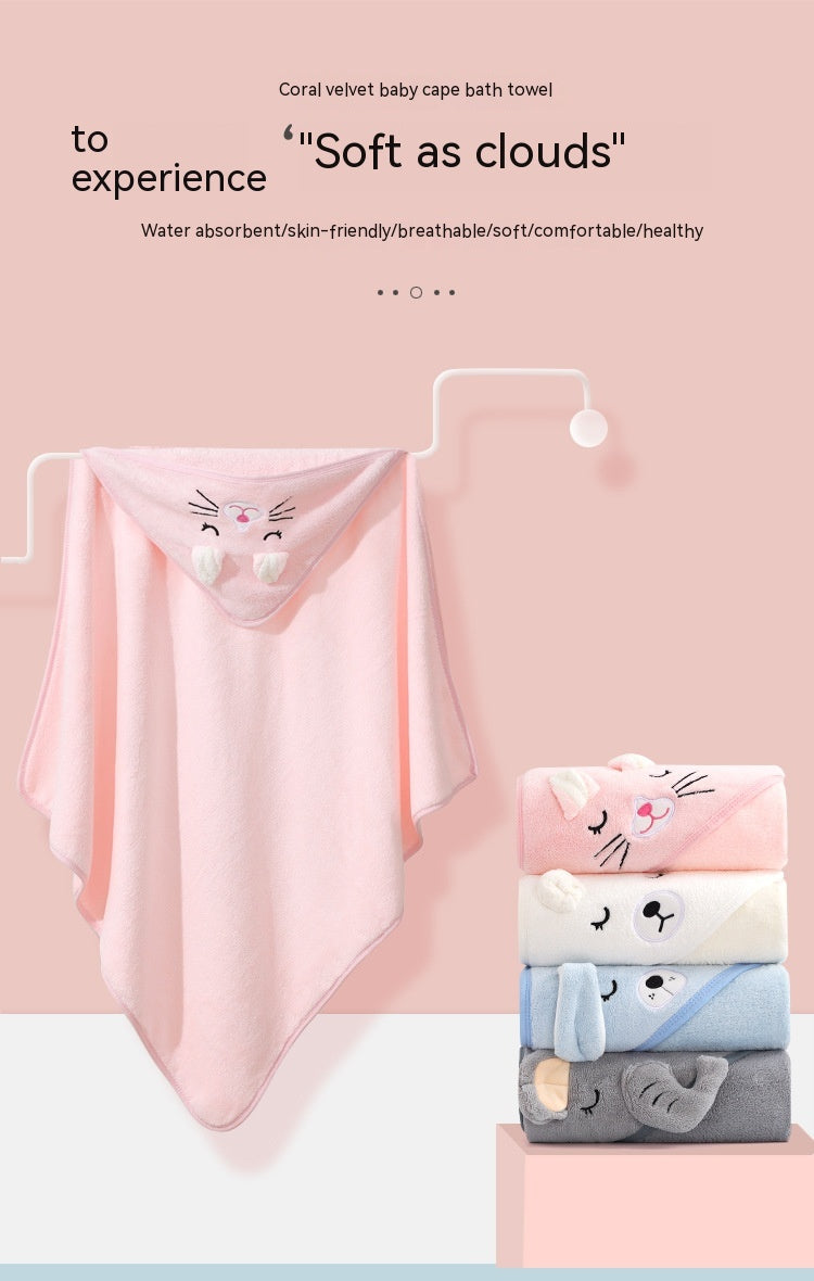 Pink coral velvet baby cape towel with cat design above stacked animal-themed towels. Text reads "Soft as clouds," highlighting comfort and quality features.